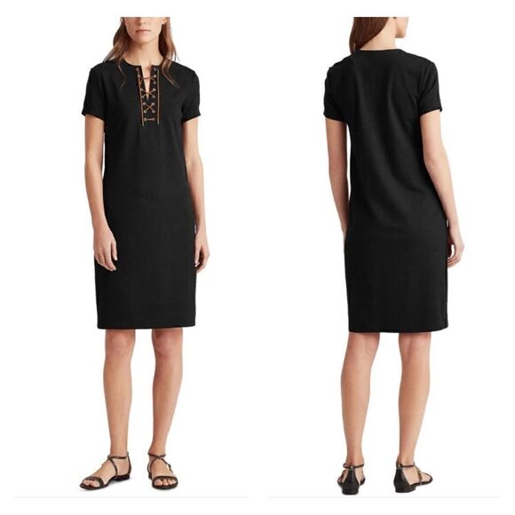 Lauren Ralph Lauren black ponte tie up short sleeve mini shift dress M - Picture 1 of 8